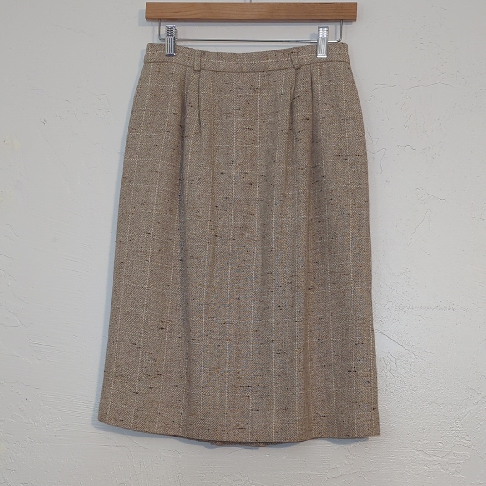 Vintage Tan Plaid Wool Skirt Business Professional Light Academia School Girl